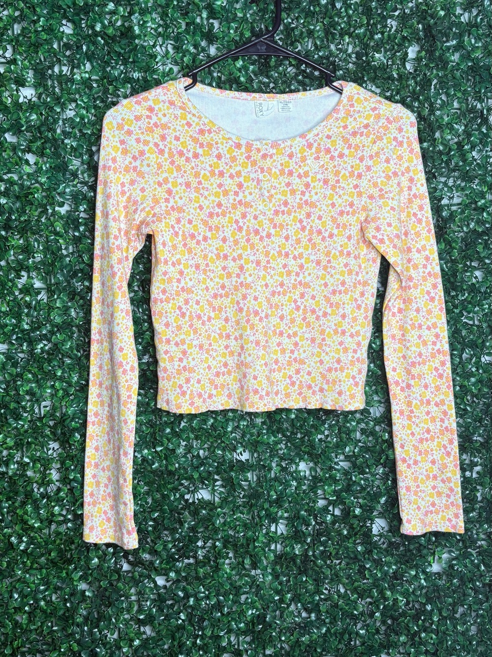 Roxy Floral Multicolor Ribbed Henley Top